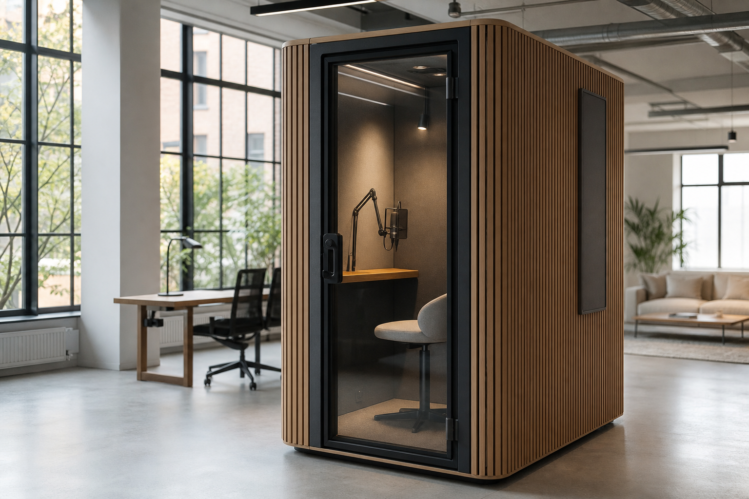 Exterior of a modern soundproof recording booth pod in a bright studio space