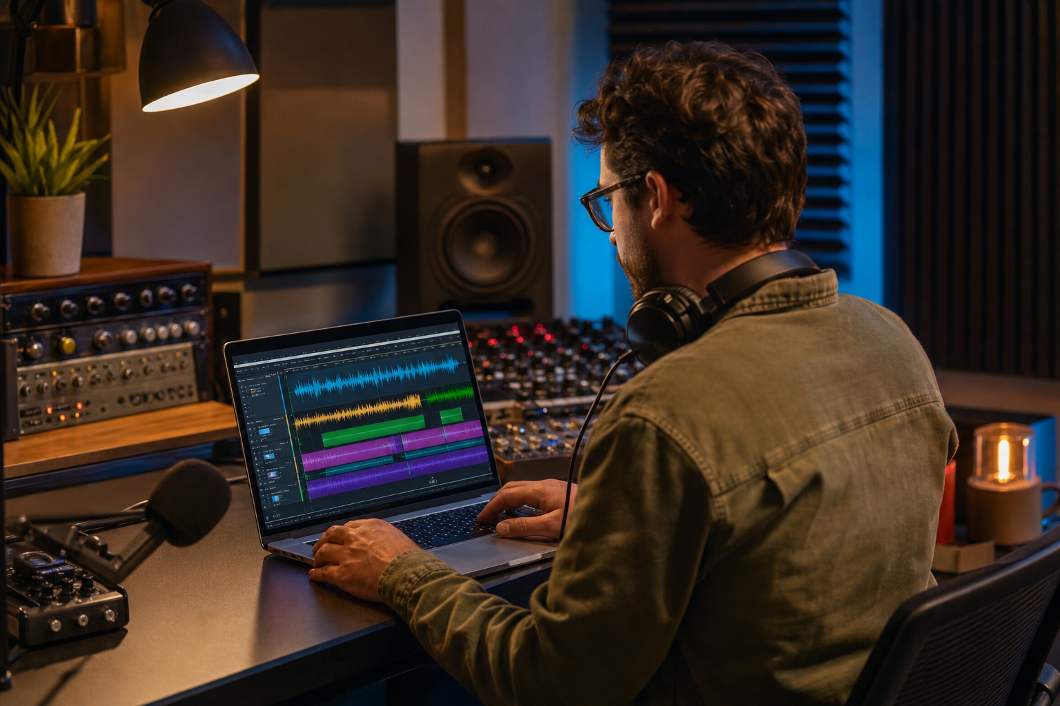 A person editing podcast audio on a laptop with a waveform displayed