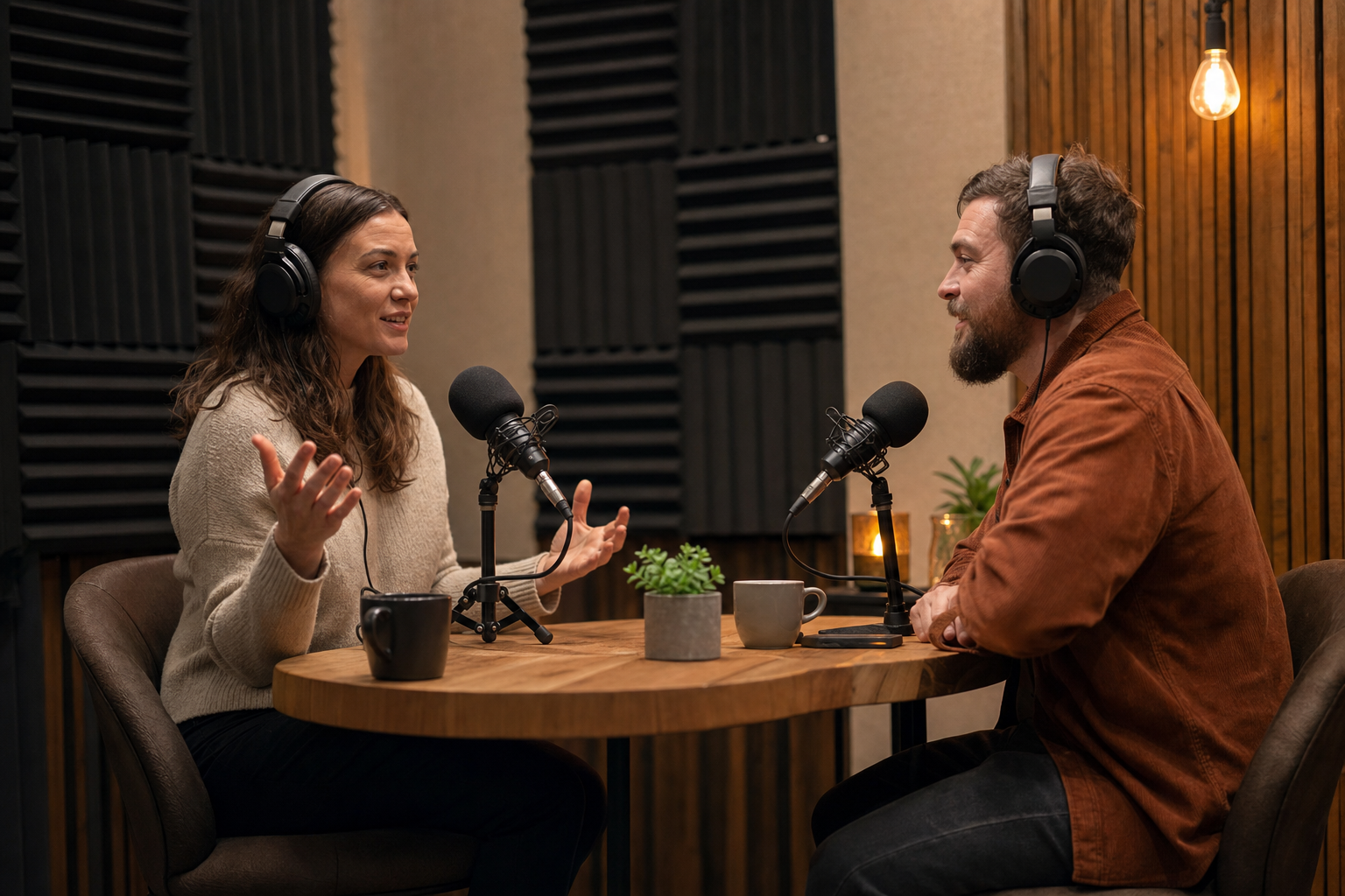 Two people recording a podcast conversation in a cozy booth wearing headphones