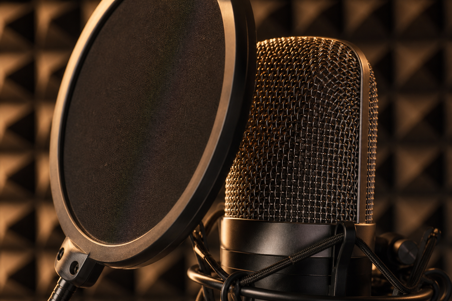 Close-up of a podcast microphone with a pop filter